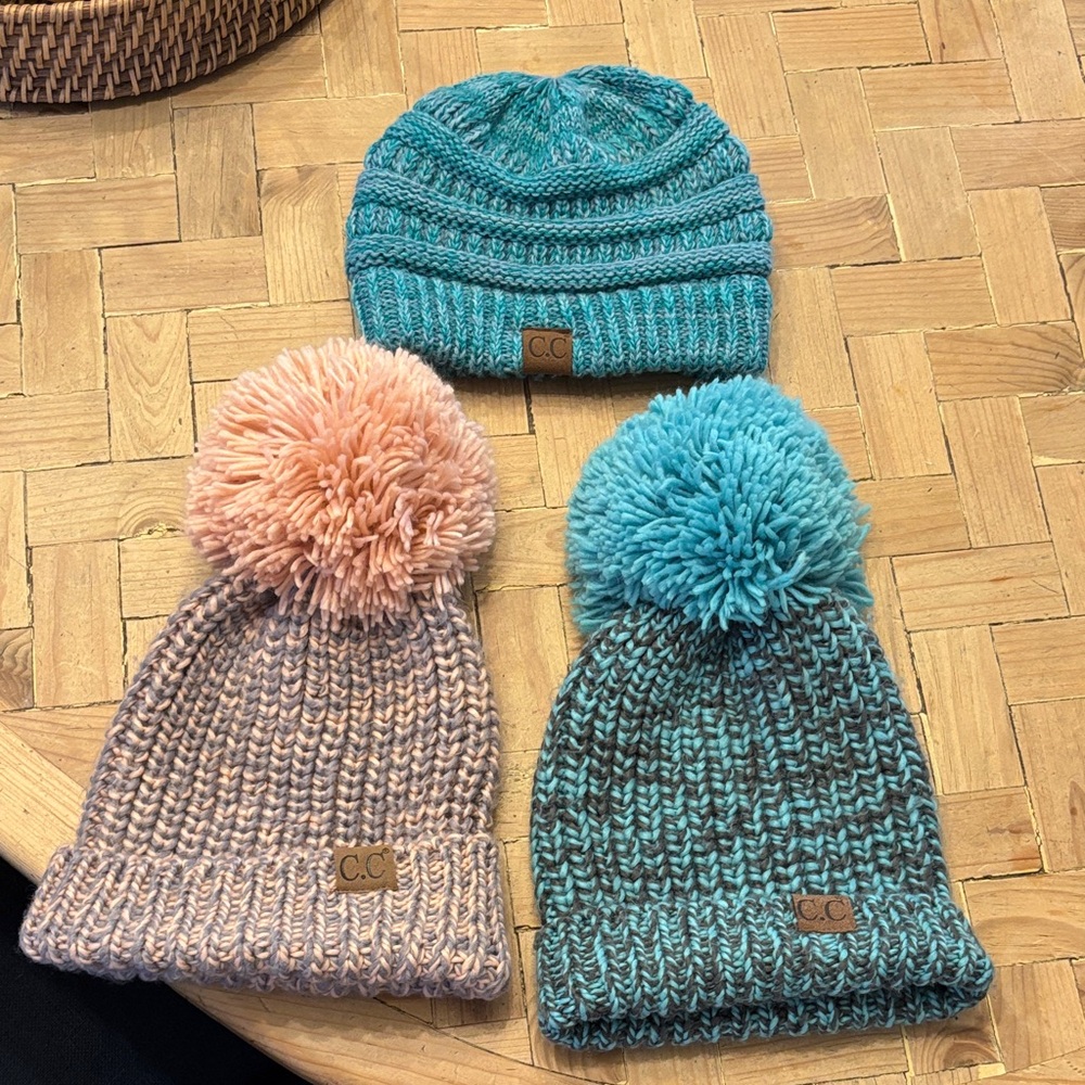 C.C Beanie Hat Trio - Teal, Pink, Blue